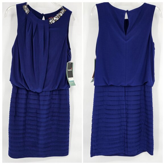 Scarlett Dresses & Skirts - Scarlett Cocktail Midi Dress 10 Blue Sleeveless Pleated Bead Bling Party NEW